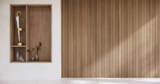 istock Muji style Empty room minimal with wood panels wall background 2153488766