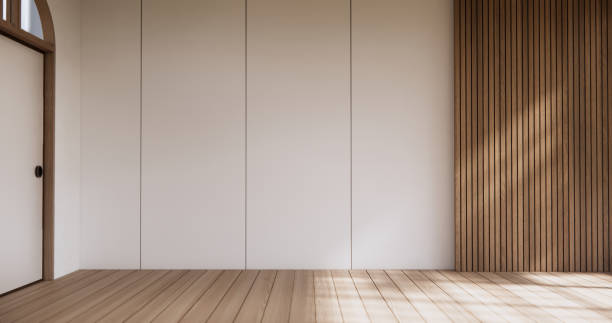 istock Muji style Empty room minimal with wood panels wall background 2153488775