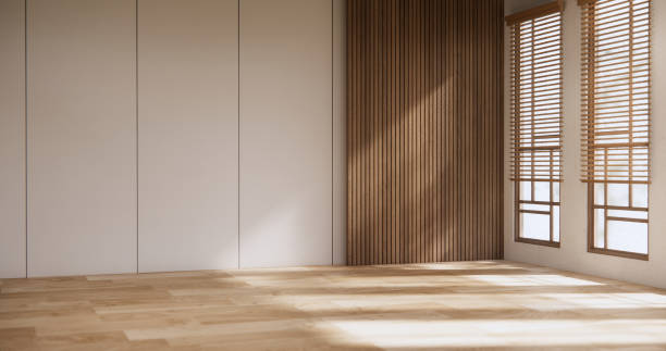 istock Muji style Empty room minimal with wood panels wall background 2153488793