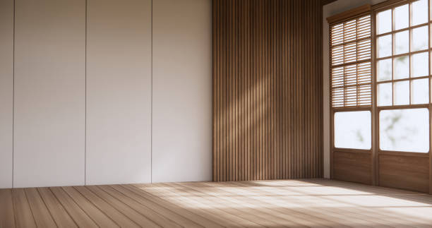 Muji style Empty room minimal with wood panels wall background