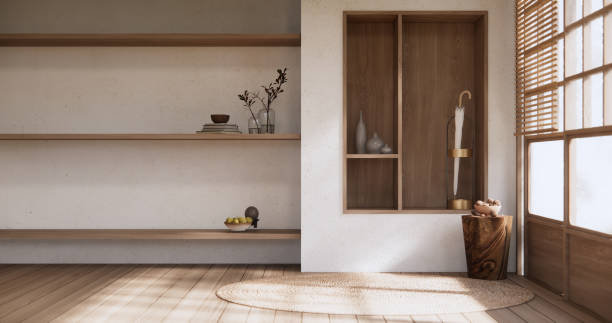 istock Muji style Empty room minimal with wood panels wall background 2153488835