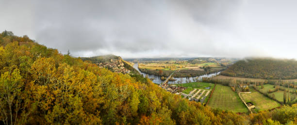 Dordogne valley and Castelnaud Castle, aerial panoramic view