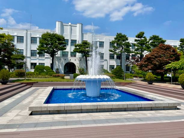 Seoul, Korea - April, 18th 2013. Kyung Hee University is a one of the most famous university in South Korea. It is comprehensive and private. Students are walking and talking in front of the University Administration Building, Seoul campus.