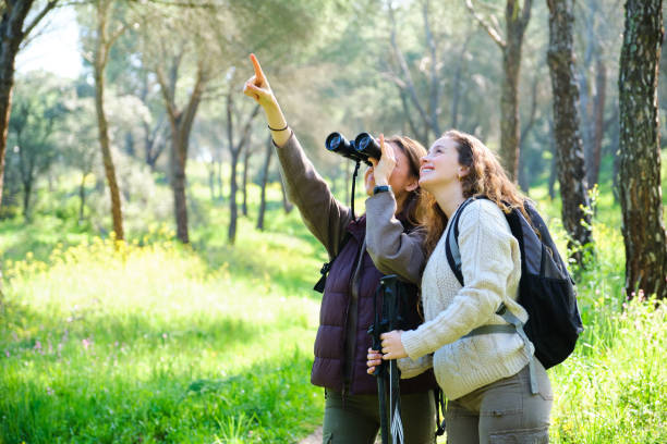 istock Two women are looking through binoculars in a forest 2153504923