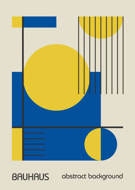 istock Minimal vintage 20s geometric design posters, wall art, template, layout with primitive shapes elements. Bauhaus retro pattern vector background, blue, yellow and black Ukrainian flag colors 2153509628