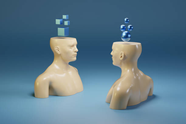 istock Human figures with geometric bodies on their heads on blue background. Thinking concept. 3d illustration. 2153516921