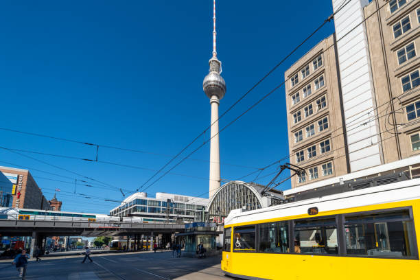 Germany, Berlin, Alexanderplatz, May 15, 2024 -Berlin Alexanderplatz with railway station, tram and communications tower