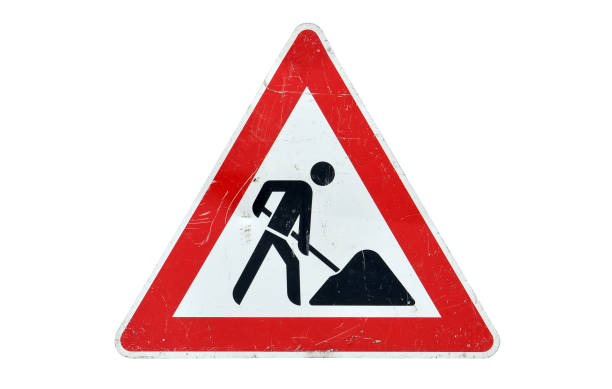 Road works sign isolated on white Road works sign in red and black isolated on white scuff marks photos stock pictures, royalty-free photos & images