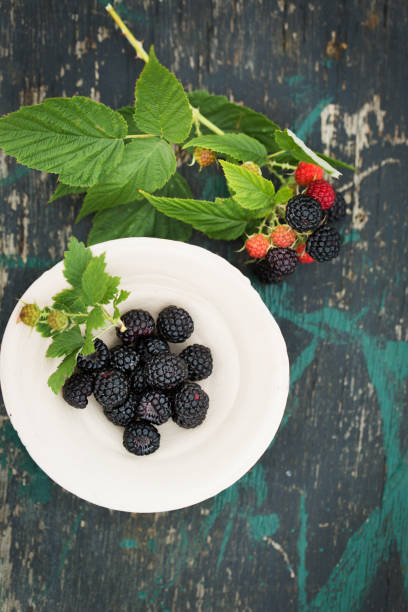 Blakberries on wooden table. Top view