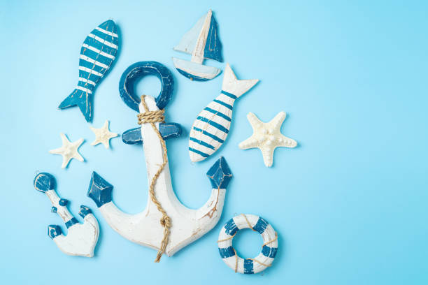istock Summer beach vacation concept with wooden  nautical decorations on blue background. Top view, flat lay 2153531692