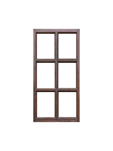 istock Old dark-colored brown wooden window frame with six sashes which are placed vertical, isolated on white background. 2153534582