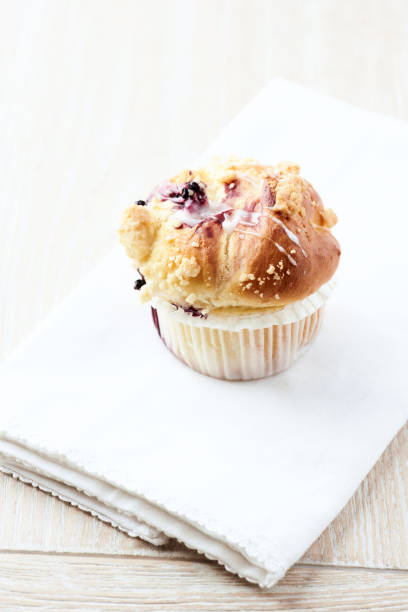 Close up of a tray of fresh blueberry muffins