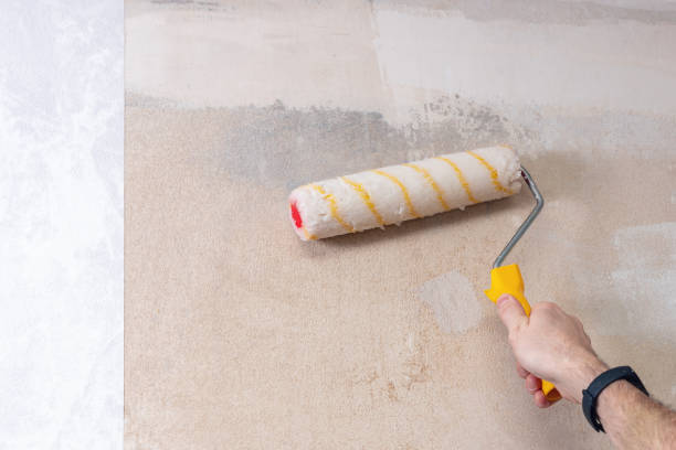 istock A man uses a roller to apply glue to a wall to paste wallpaper. Room renovation 2153557609