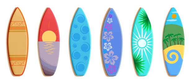 istock Surf boards. 3D surfboard. Summer ocean vacation. Beach waves on surfer design wood. Tropical sun pattern. Extreme water sport. Shortboard and longboard. Vector isolated surfing set 2153558917