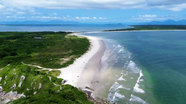 Lush vegetation beside the sea at Praia do Miguel, a beach on Ilha do Mel, an island located on the Atlantic coast of Brazil's Paraná state.