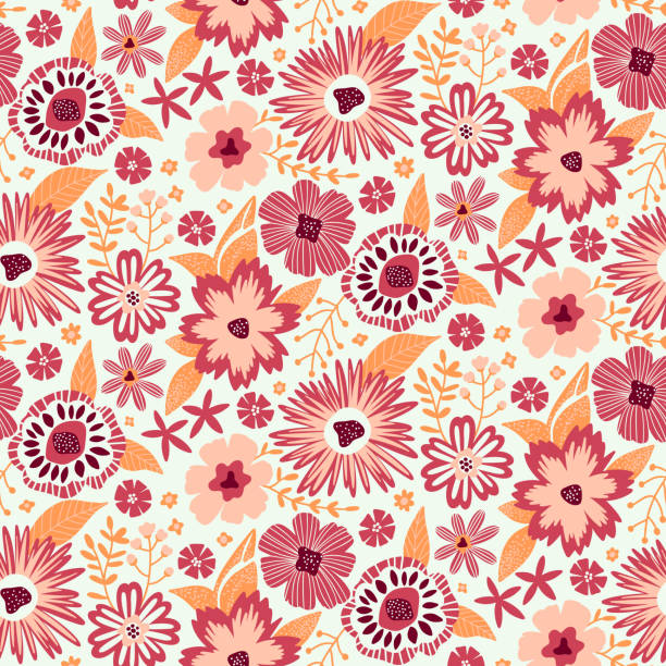 istock Floral Seamless Half Drop Pattern with Fantasy Leaves and Flowers in Amaranth, Peach Pink Colors on White. 2153562844
