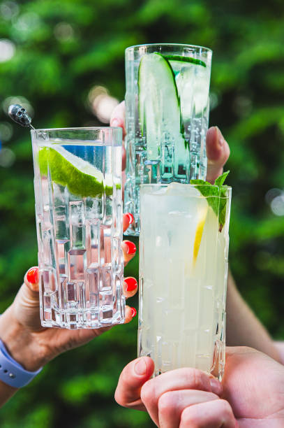istock Three hands hold different glasses with clear liquids, garnished with citrus slices, against a blurred green background 2153572094