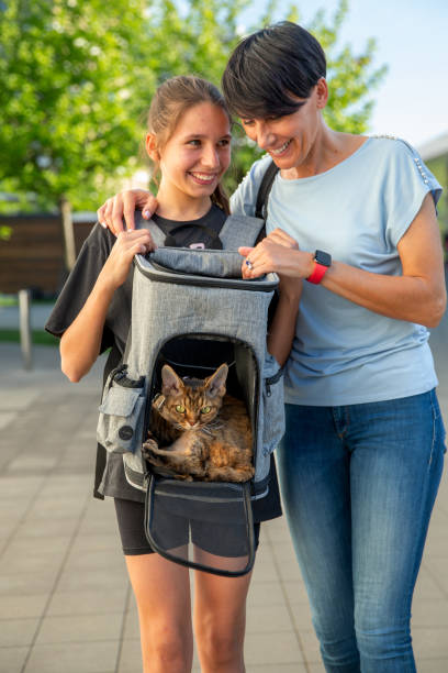 istock Mother and daughter and her pet in a cat backpack 2153576467