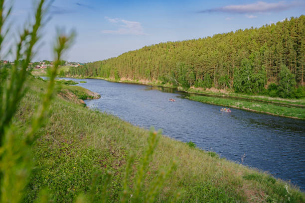 Blue kayak on the river. You can see a fallen tree by the river. You can see a wooden hut on the shore. Sunny day. View from the drone. Poland