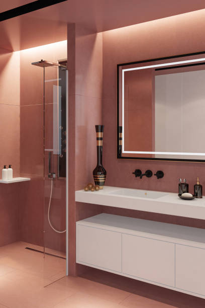 istock Modern Luxury style master bedroom with pale red stone tiles bathroom. 2153587894