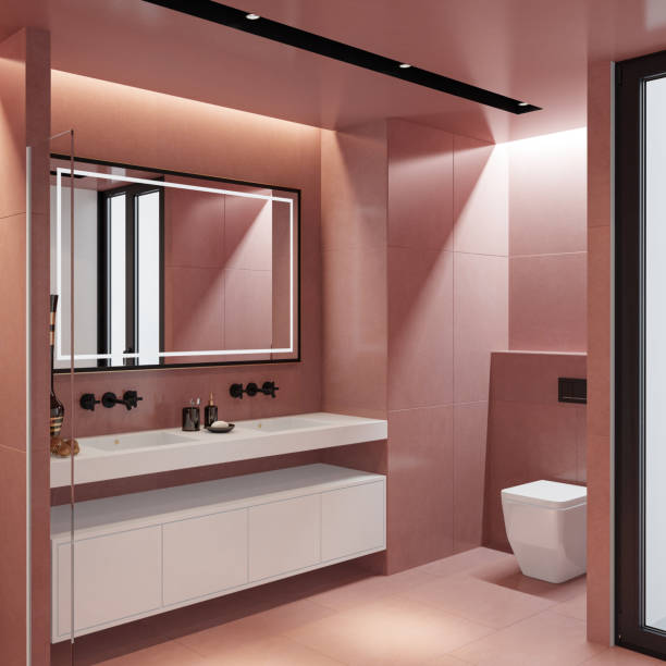 istock Modern Luxury style master bedroom with pale red stone tiles bathroom. 2153587958