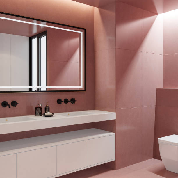 istock Modern Luxury style master bedroom with pale red stone tiles bathroom. 2153588000