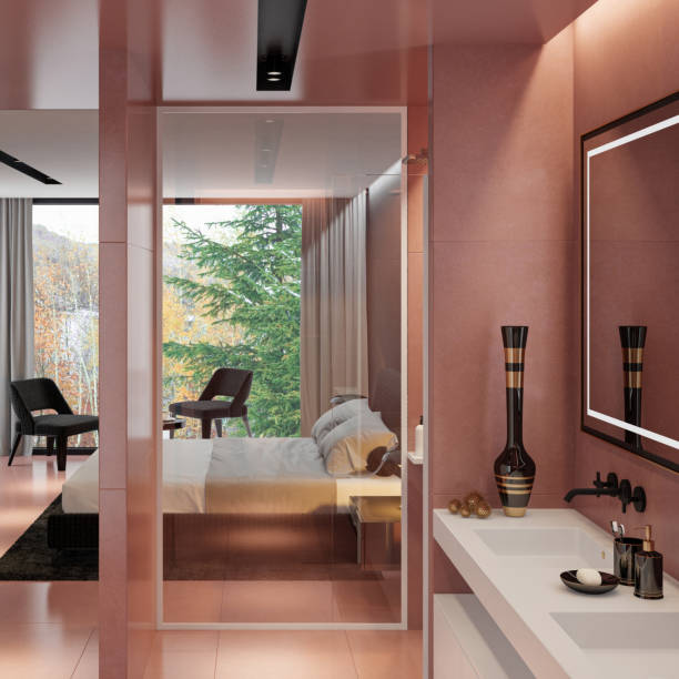 istock Modern Luxury style master bedroom with pale red stone tiles bathroom. 2153588015