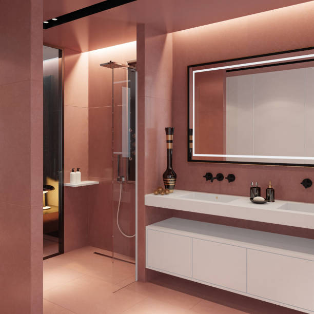 istock Modern Luxury style master bedroom with pale red stone tiles bathroom. 2153588042