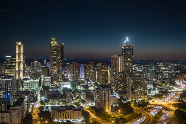 Aerial view of the Atlanta skyline at dusk