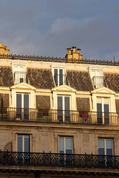 classic parisian rooftop with dormer windows, iron balconies, and chimneys under a cloudy sky