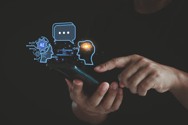 istock Man online chatting with AI chat bot on smartphone. Artificial intelligence robot innovation technology communicates and answers questions with smart conversation and provides creative solution ideas. 2153592440