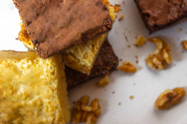 istock A tower of three chocolate brownie pieces. 2153593166