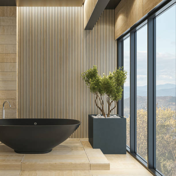 istock Modern Spa Bathroom  with Beige Stone Natural Tiles and Black Elements 2153594100