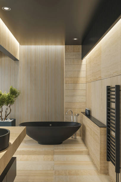 istock Modern Spa Bathroom  with Beige Stone Natural Tiles and Black Elements 2153594143