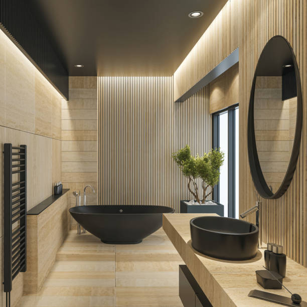 istock Modern Spa Bathroom  with Beige Stone Natural Tiles and Black Elements 2153594173