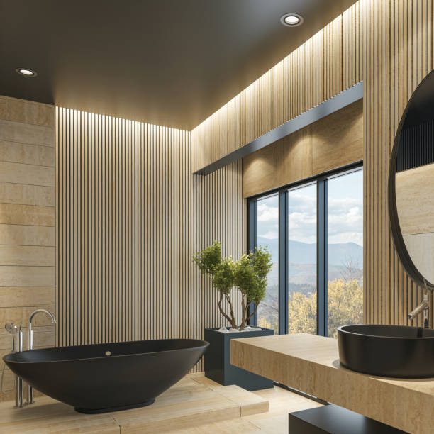 istock Modern Spa Bathroom  with Beige Stone Natural Tiles and Black Elements 2153594177