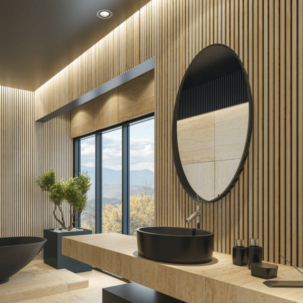 istock Modern Spa Bathroom  with Beige Stone Natural Tiles and Black Elements 2153594182