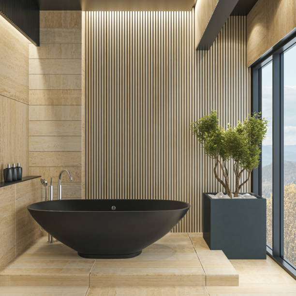 istock Modern Spa Bathroom  with Beige Stone Natural Tiles and Black Elements 2153594188