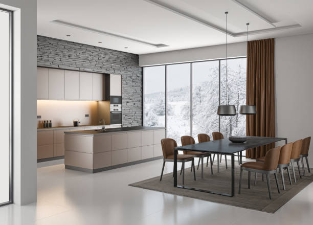 istock Modern Luxury Beige Interior Kitchen with Dining table with 8 chairs 2153595605