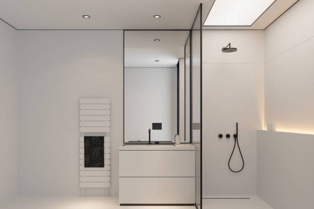 Modern minimalist Scandinavian white bathroom with black details
