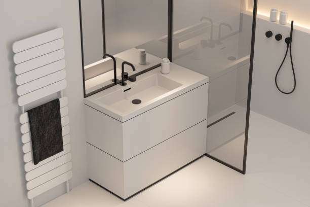 istock Modern minimalist Scandinavian white bathroom with black details 2153595798