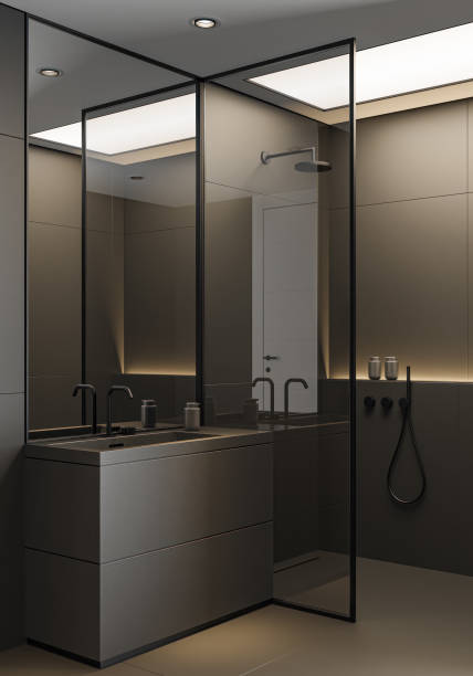 istock Modern luxury and minimalist dark bathroom with matte large tiles. 2153597528