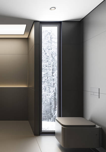 istock Modern luxury and minimalist dark bathroom with matte large tiles. 2153597529