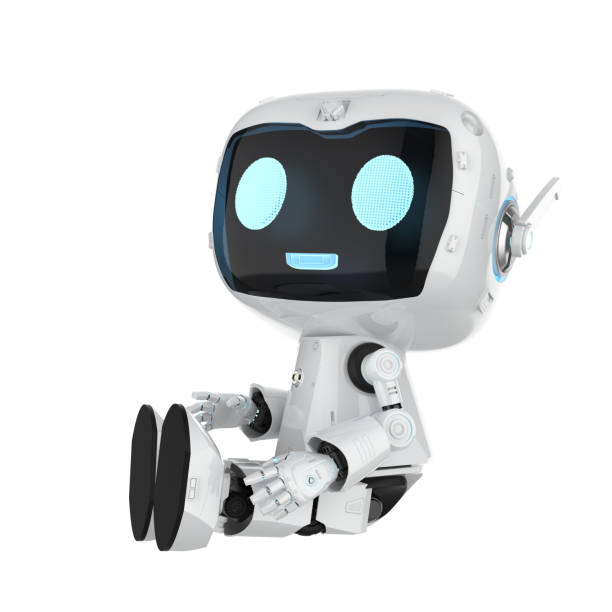 3d rendering cute and small artificial intelligence personal assistant robot with cartoon character look up isolated on white