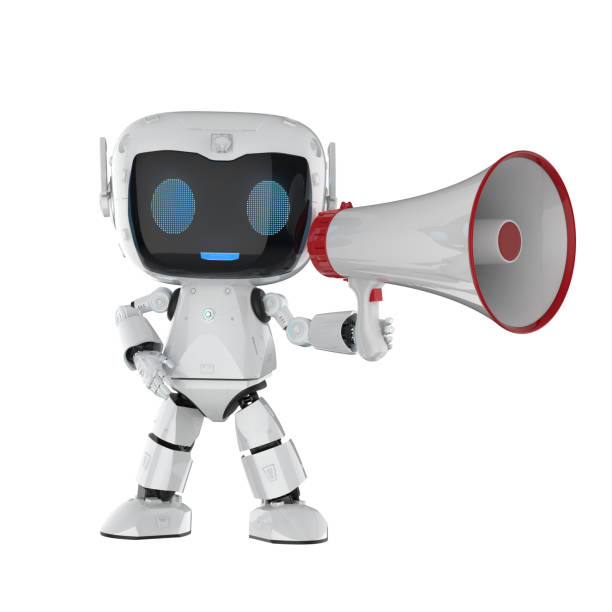 istock Online marketing concept with 3d rendering personal assistant robot with megaphone 2153597812