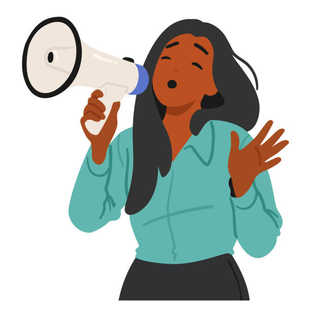 African American Woman Using A Megaphone To Assertively Communicate. Female Character Embodies Leadership African American Woman Using A Megaphone To Assertively Communicate. Female Character Embodies Leadership, Empowerment, And Vocal Expression, Showcasing Strength And Influence. Vector Illustration straight talk stock illustrations
