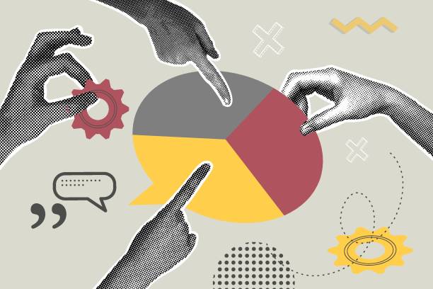 Trendy halftone collage of business concept. Illustration of analytics,discussion,planning,research,business report.Teamwork.Vector illustration of web banner,social media banner. Vector illustration