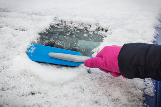 istock Hand of woman using brush and remove snow from car and windscreen 2153617319