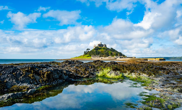 Low Angel View with Rock Pools and Reflections at Low Tide