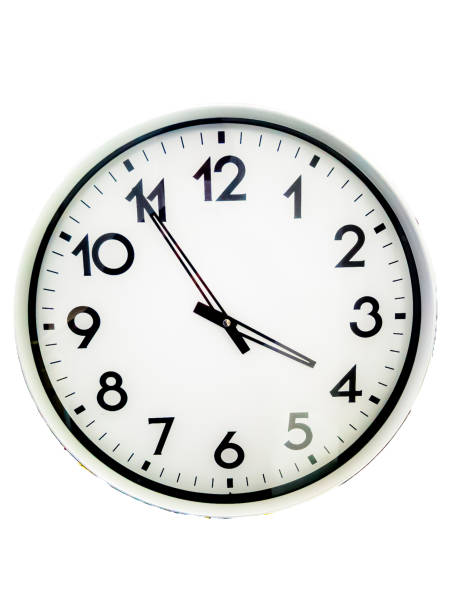 istock Round clock, black numbers and hands, white background, isolated 2153625818